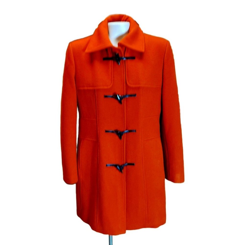 Banana Republic Wool Pea Coat sz M  Leather toggle closure zipper Blood Orange
